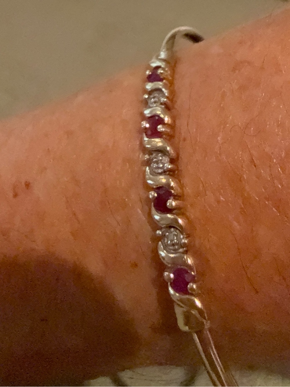 Vintage Silver Bracelet with Deep Pink Stones and Clear Accents